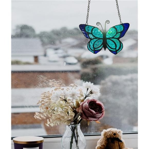 Blue Butterfly Suncatcher Stained Glass Window Hanging Panel 5.9×5.3Inch - Picture 4 of 6